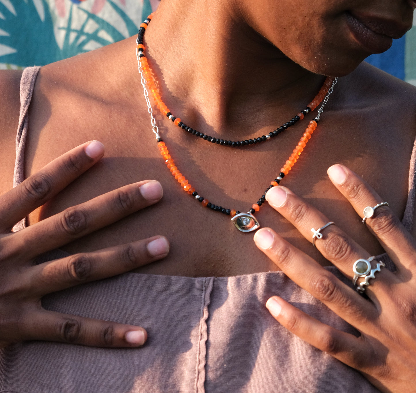 Almond Eye Beads & Chain Double Set Necklace